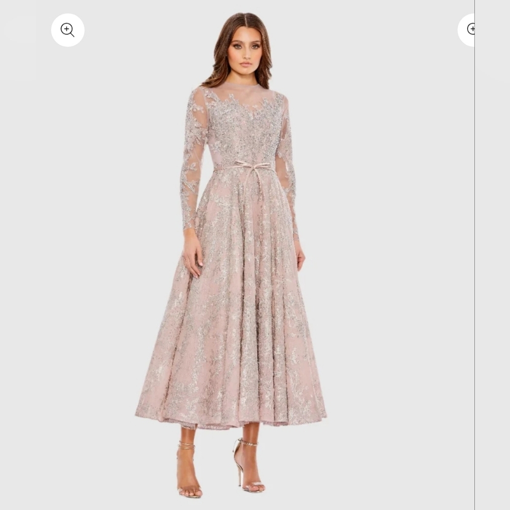 Pink Embellished Bow Belt Illusion Long Sleeve A Line Dress.